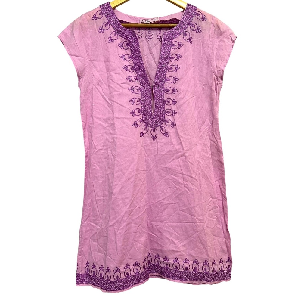Calypso St. Barth Tunic Dress Womens XS Pink Purple Embroidered Boho Beach